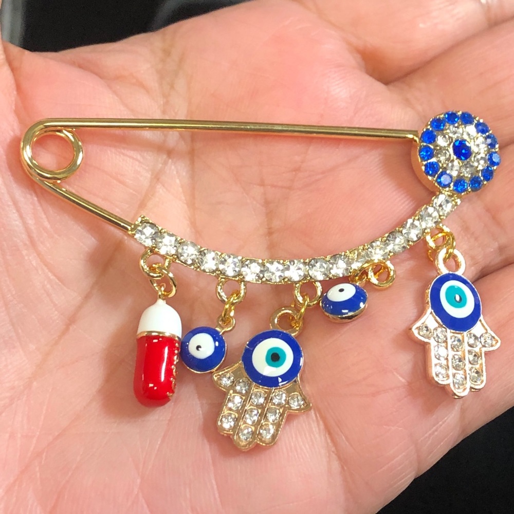 Evil Eye Gold Plated Handmade Safety pins for baby stroller.$25 each